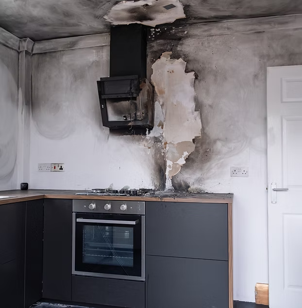 Kitchen wall with severe smoke and soot damage after a fire